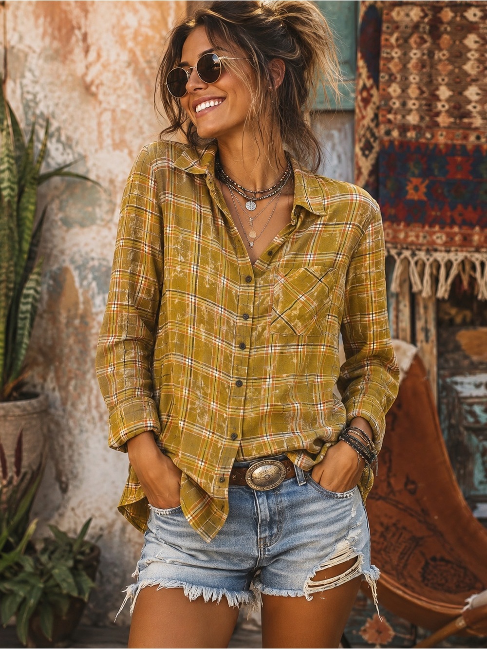 Mystree Olive Plaid Button-Down Shirt